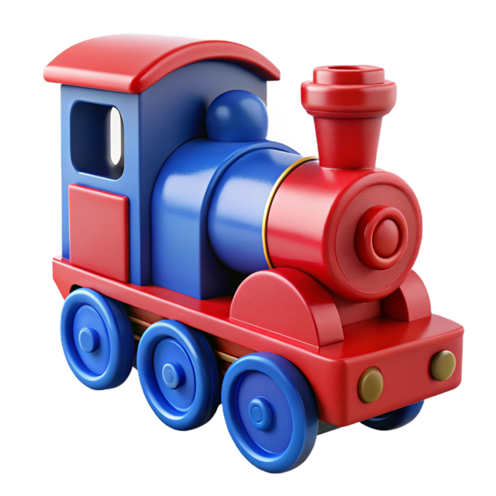 dramatic sumptuous Wooden toy train engine, paintereanblue, slightly worn paint, soft lighting, side view, isolateon transparent background,high-resolution product photography 4K png