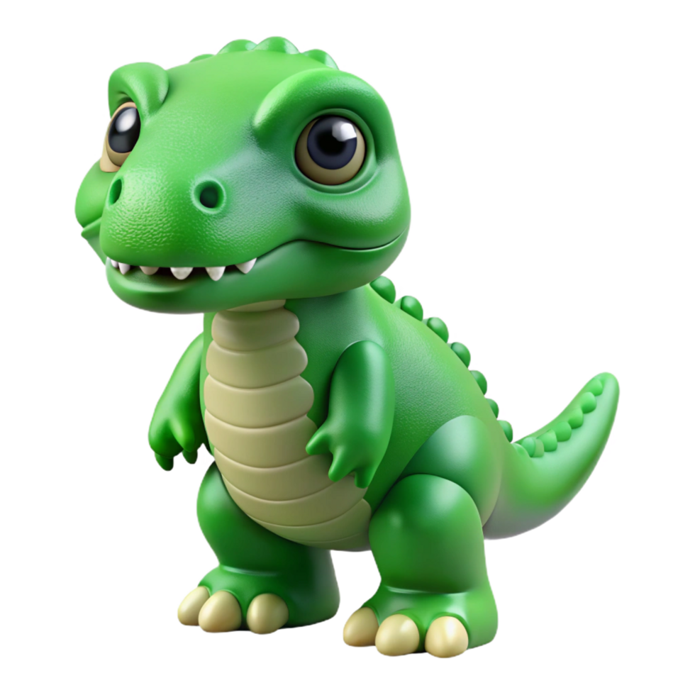 pristine dreamy retro Plastic toy dinosaur, green skin, detailescales, matte finish, dramatic lighting, front view, icon style, isolateon transparent background,high-resolution product photography 8K png