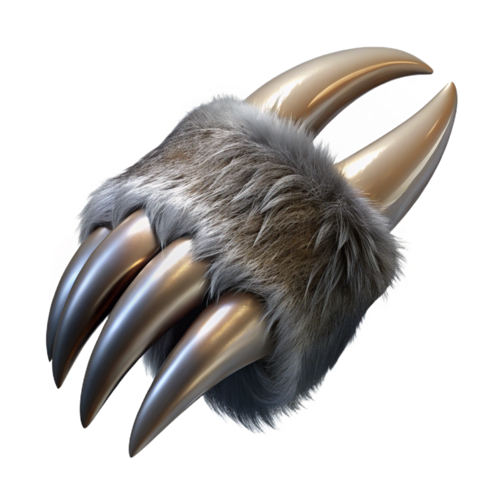 vibrant coveteA single, sharp werewolf claw, coverein fur, metallic sheen, dramatic lighting, side view, render, isolateon transparent background,high-resolution product photography png