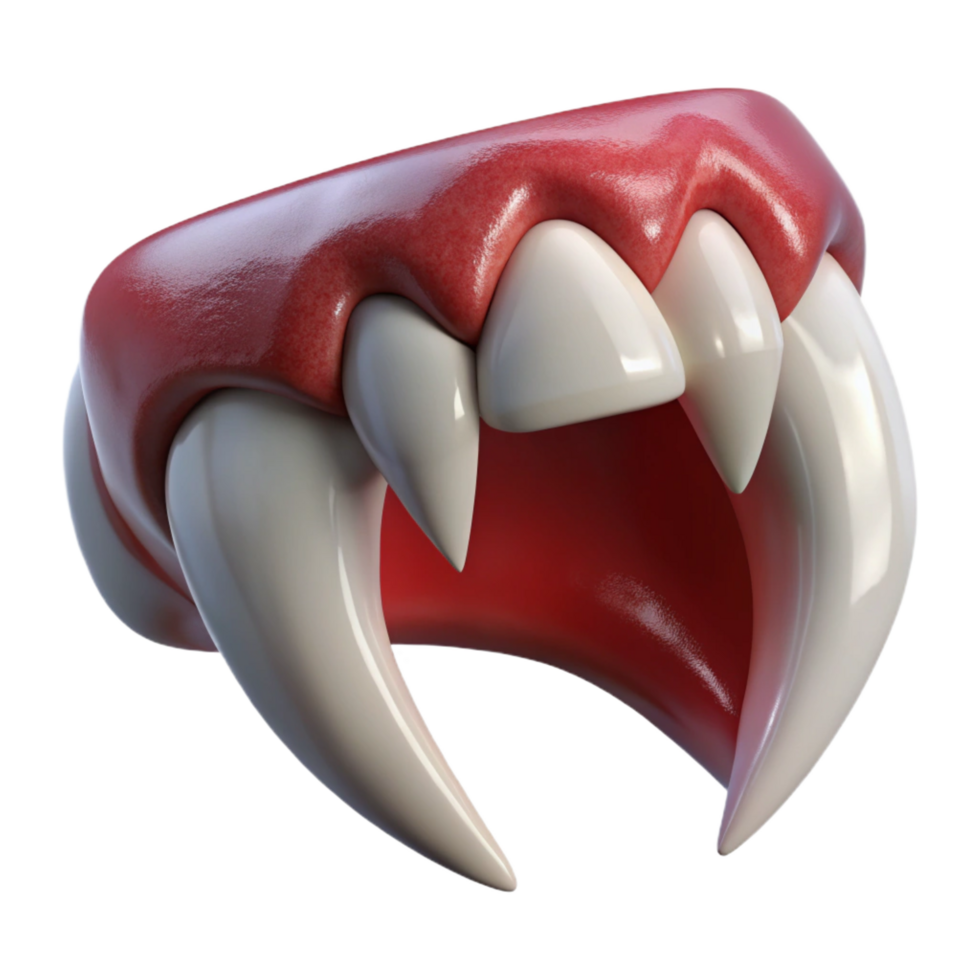 alluring unparalleleA single, glistening vampire fang, sharp point, realistic texture, dramatic lighting, side view, render, isolateon transparent background,high-resolution product photography png