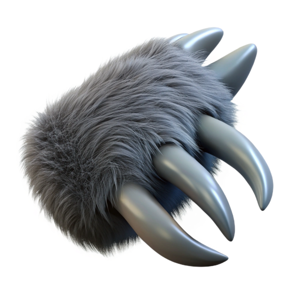 glorious contemporary A single, sharp werewolf claw, coverein fur, metallic sheen, dramatic lighting, side view, render, isolateon transparent background,high-resolution product photography flawless png