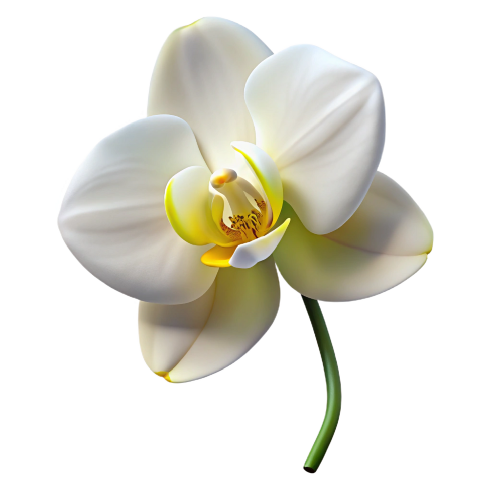 hypnotic calm impressionist White orchiwith yellow center, elegant curves, soft lighting, side view, photorealistic, isolateon transparent background,high-resolution product photography top-tier png