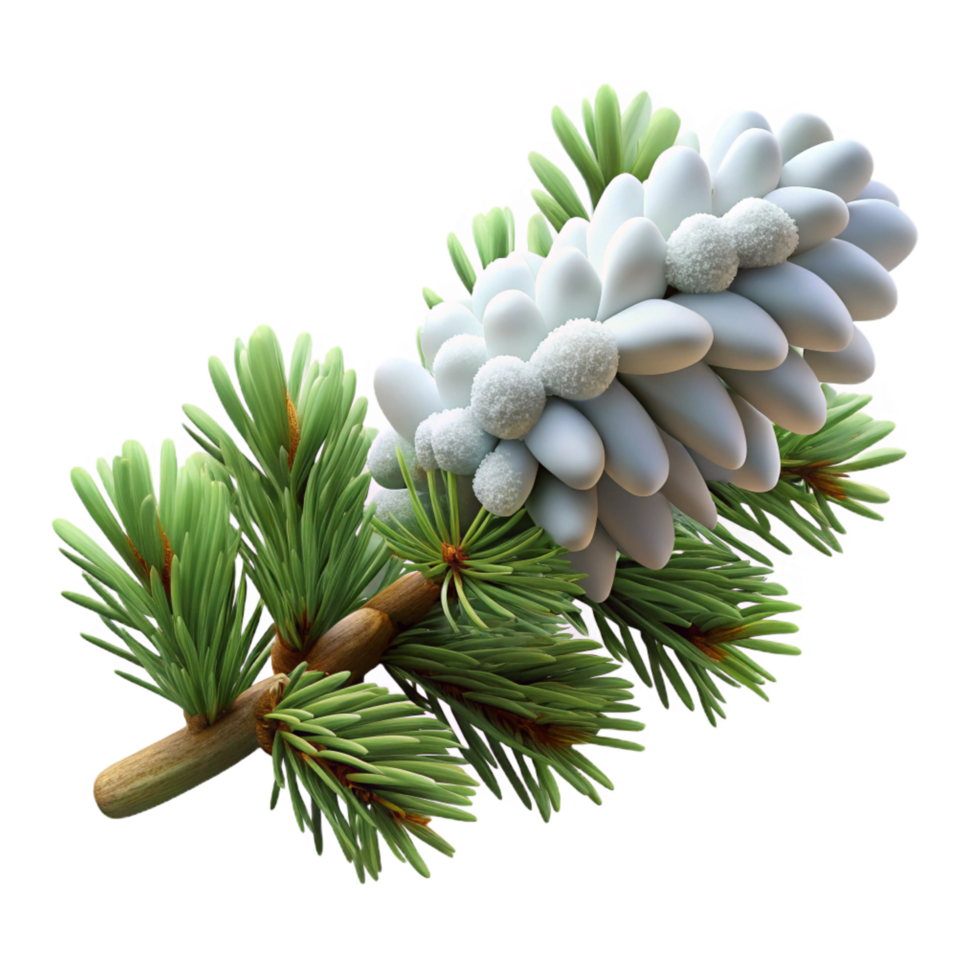 pristine geometric Pine tree branch coverein snow, realistic snow texture, soft lighting, photorealistic, with transparent background,high-resolution product photography masterfully captured png