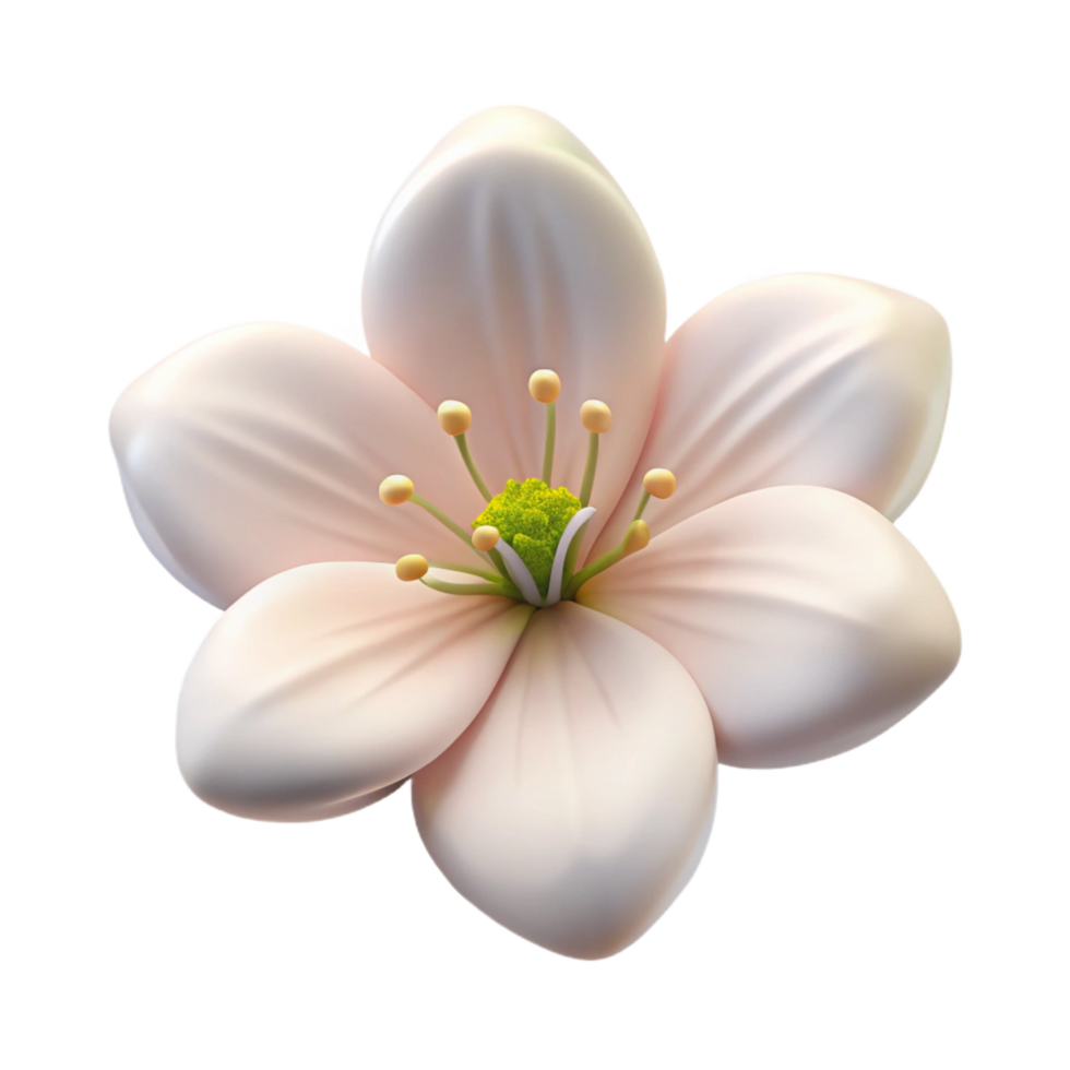 immaculate energetic geometric Single white cherry blossom, subtle details, soft lighting, side view, photorealistic, isolateon transparent background,high-resolution product photography detailed png