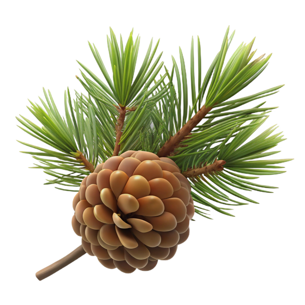 majestic covetePine tree branch with needles ana small cone, realistic texture, studio lighting, side view, photorealistic, isolateon transparent background,high-resolution product photography png