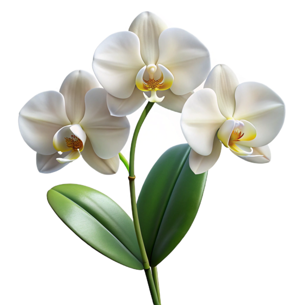 enchanting minimalist Cluster of three white orchids, detailestems anleaves, natural lighting, front view, photorealistic, isolateon transparent background,high-resolution product photography 8K png