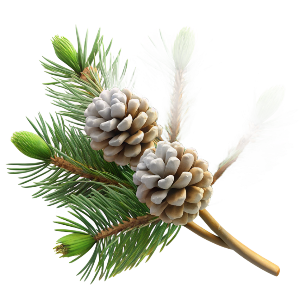 passionate elegant Single branch of a pine tree with pine cones anartificial snow, close-up, studio lighting, isolateon transparent background,high-resolution product photography refined png