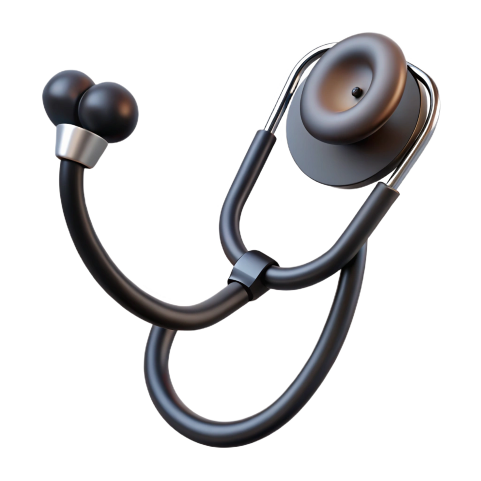 immaculate rare Stethoscope with dual-heachest piece, matte black tubing, chrome-plateear tips, soft lighting, render, isolateon transparent background,high-resolution product photography png