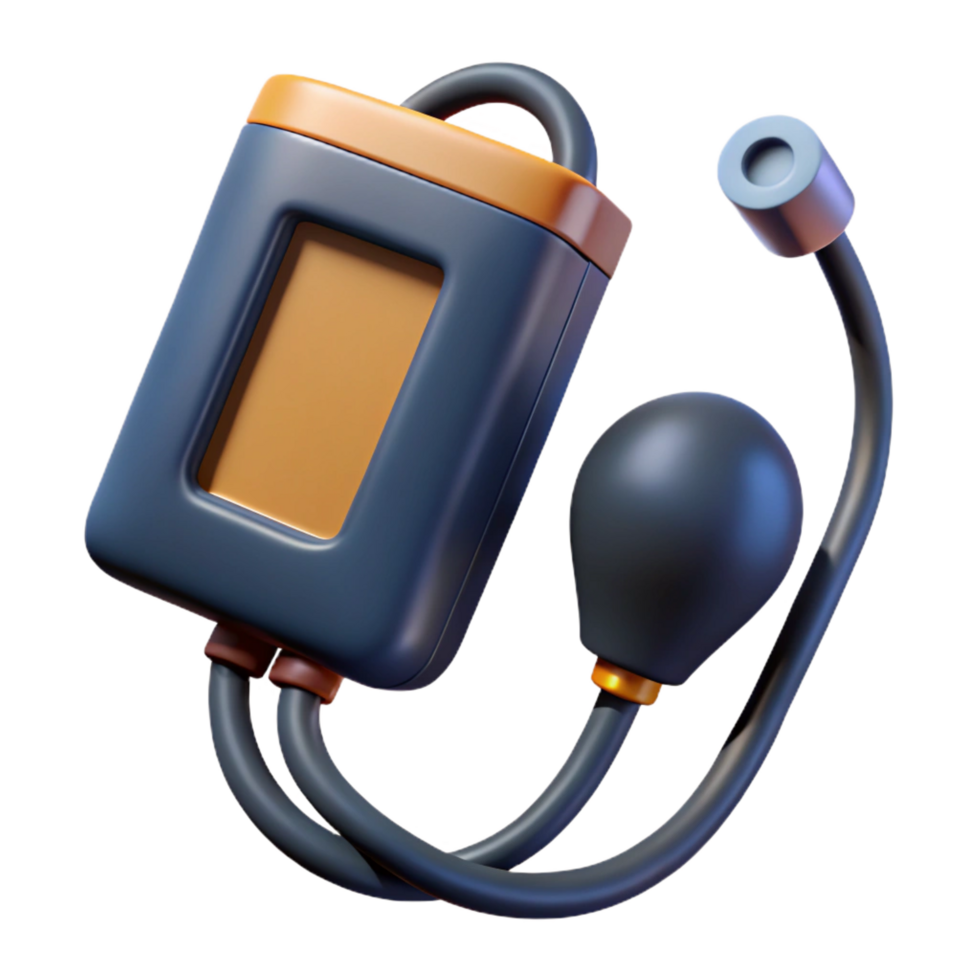 calm exquisite Bloopressure monitor with digital display, inflatable cuff, black tubing, front view, soft lighting, render, isolateon transparent background,high-resolution product photography genuine png