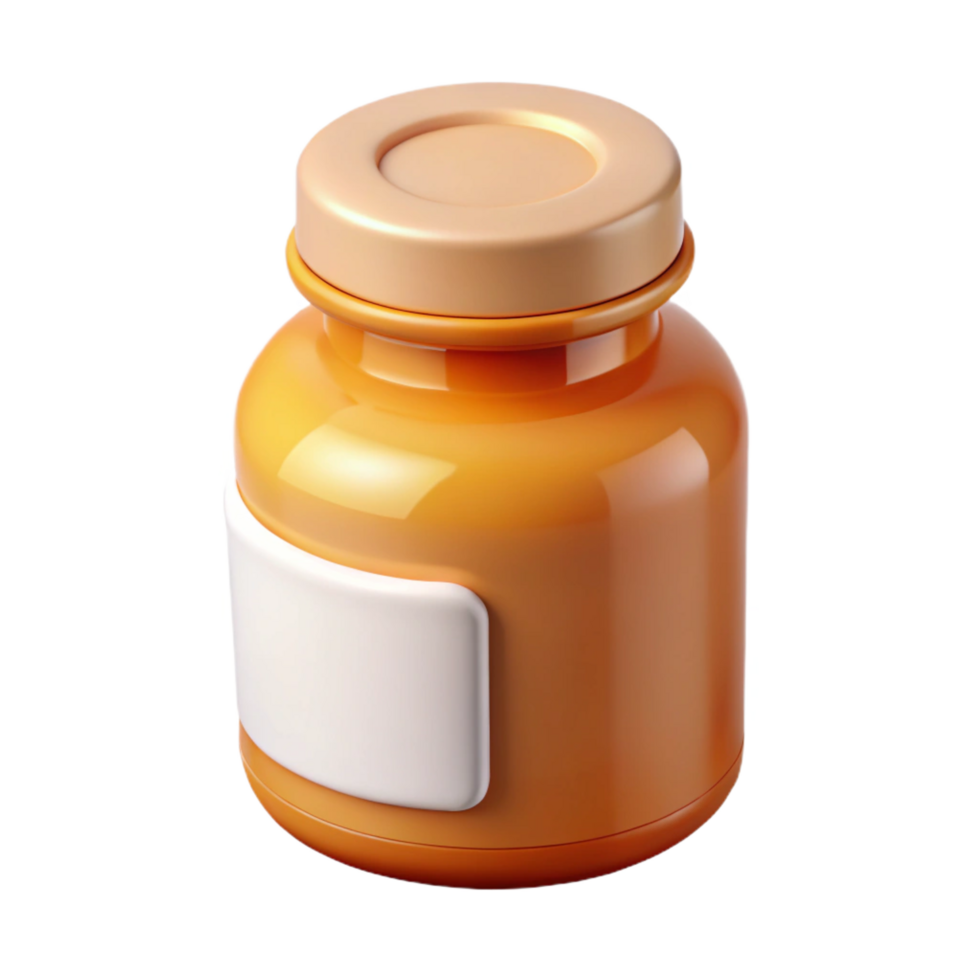 distinctive bohemian Pill bottle with amber glass, childproof cap, white label, studio lighting, front view, render, isolateon transparent background,high-resolution product photography flawless png