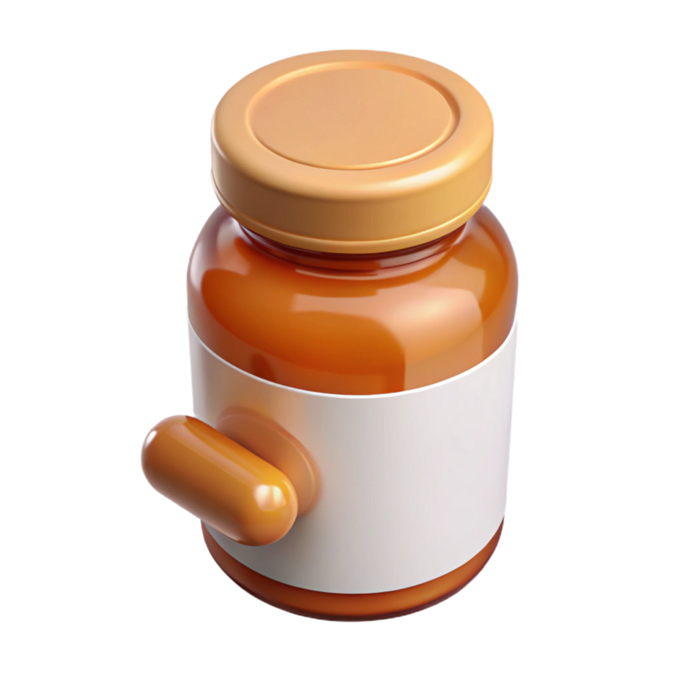 dazzling retro Pill bottle with amber glass, childproof cap, white label, studio lighting, front view, render, isolateon transparent background,high-resolution product photography ultra HD png