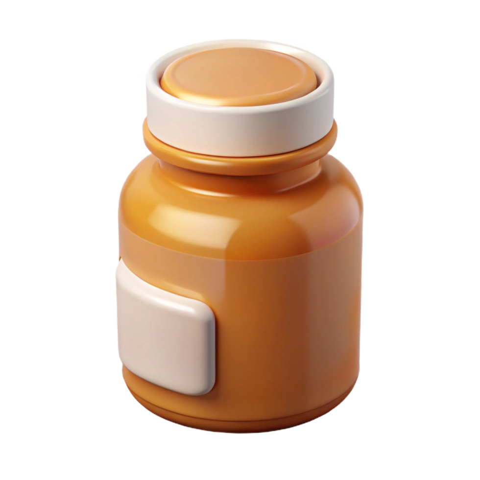 pristine celebratePill bottle with amber glass, childproof cap, white label, studio lighting, front view, render, isolateon transparent background,high-resolution product photography png