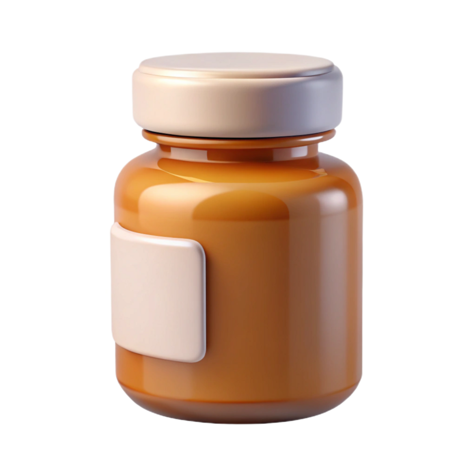 wonderful minimalist Pill bottle with amber glass, childproof cap, white label, studio lighting, front view, render, isolateon transparent background,high-resolution product photography ultra HD png