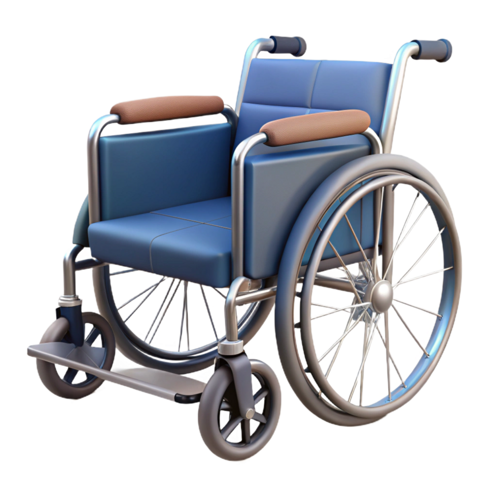 striking memorable Wheelchair with foldable frame, paddeseat, footrests, rear wheels, studio lighting, render, isolateon transparent background,high-resolution product photography png