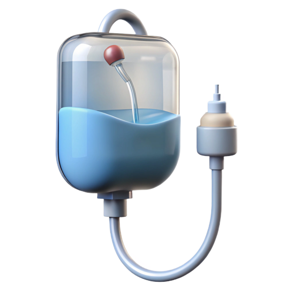 joyful radiant IV bag with clear plastic, saline solution, drip chamber, tubing, studio lighting, side view, render, isolateon transparent background,high-resolution product photography precision png