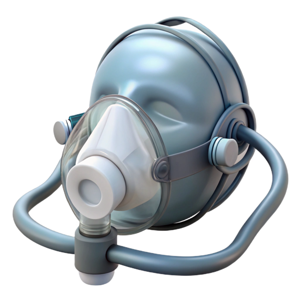 glorious surreal Oxygen mask with clear plastic, adjustable straps, oxygen tubing, studio lighting, front view, render, isolateon transparent background,high-resolution product photography detailed png