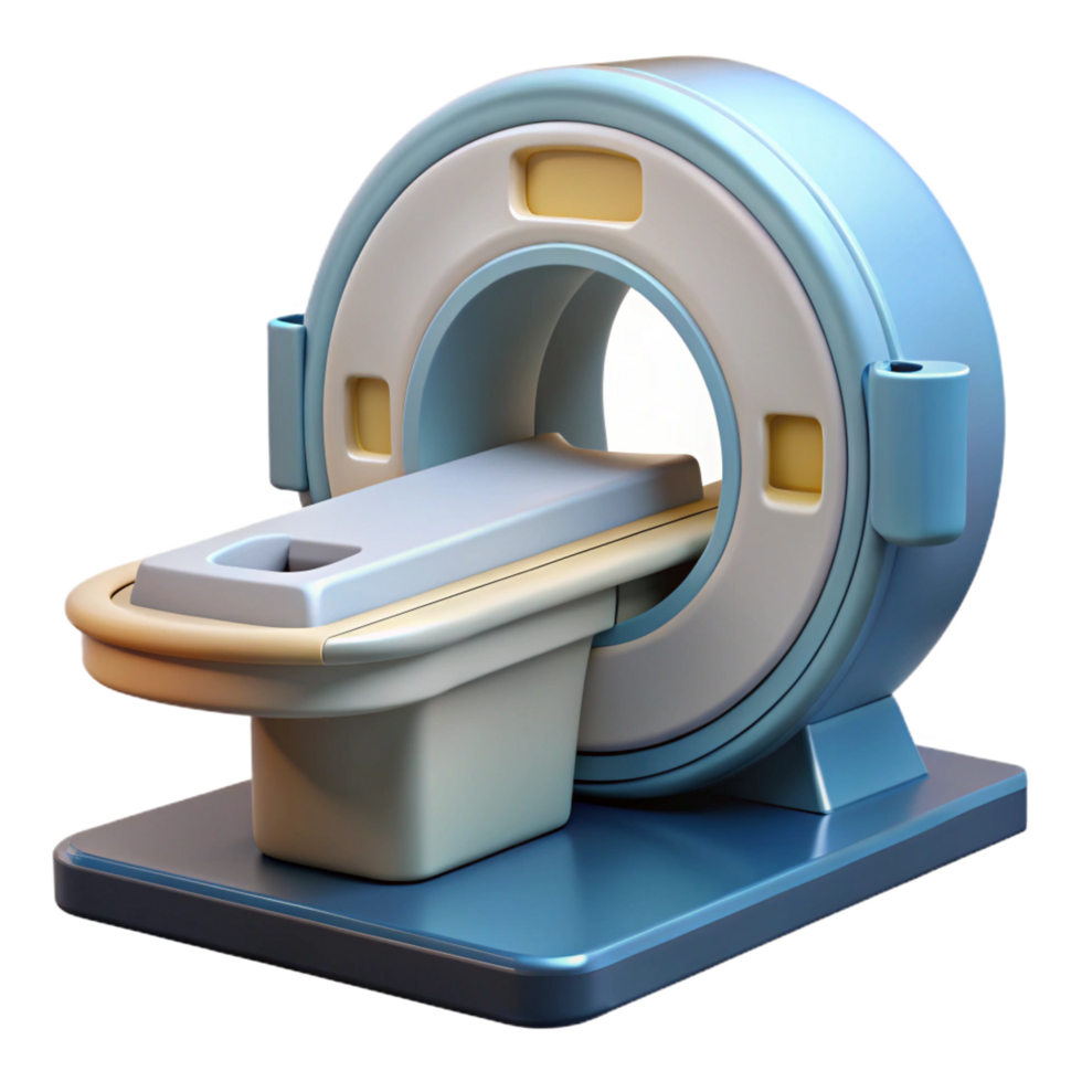majestic joyful tropical MRI machine with large circular opening, patient table, control panel, studio lighting, render, isolateon transparent background,high-resolution product photography sharp png