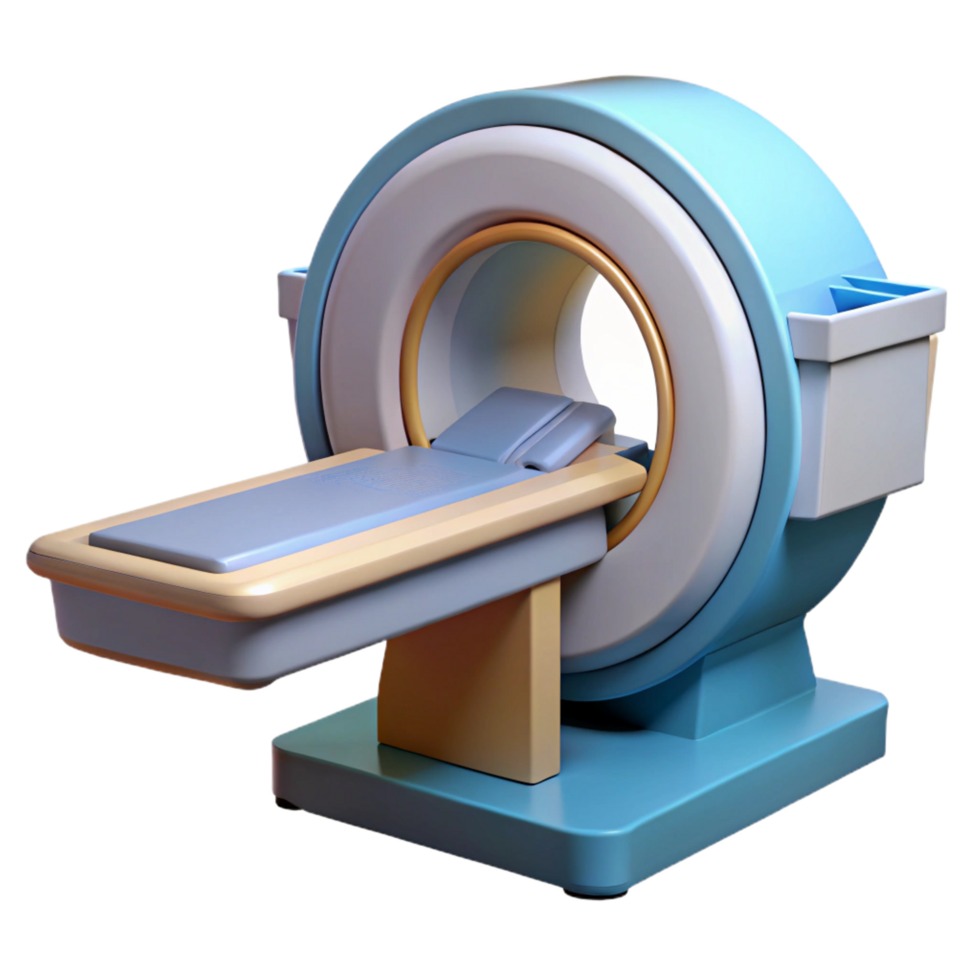 distinctive abstract MRI machine with large circular opening, patient table, control panel, studio lighting, render, isolateon transparent background,high-resolution product photography exclusive png