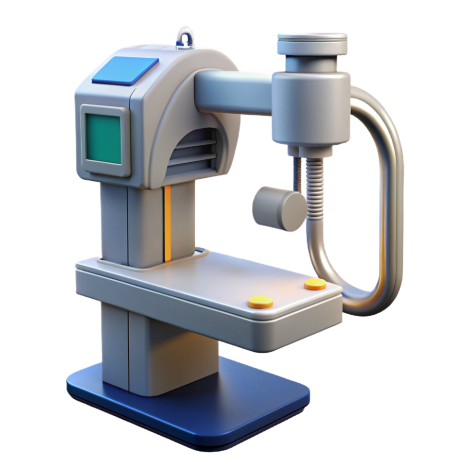 striking memorable X-ray machine with adjustable arm, digital display, control panel, studio lighting, side view, render, isolateon transparent background,high-resolution product photography png