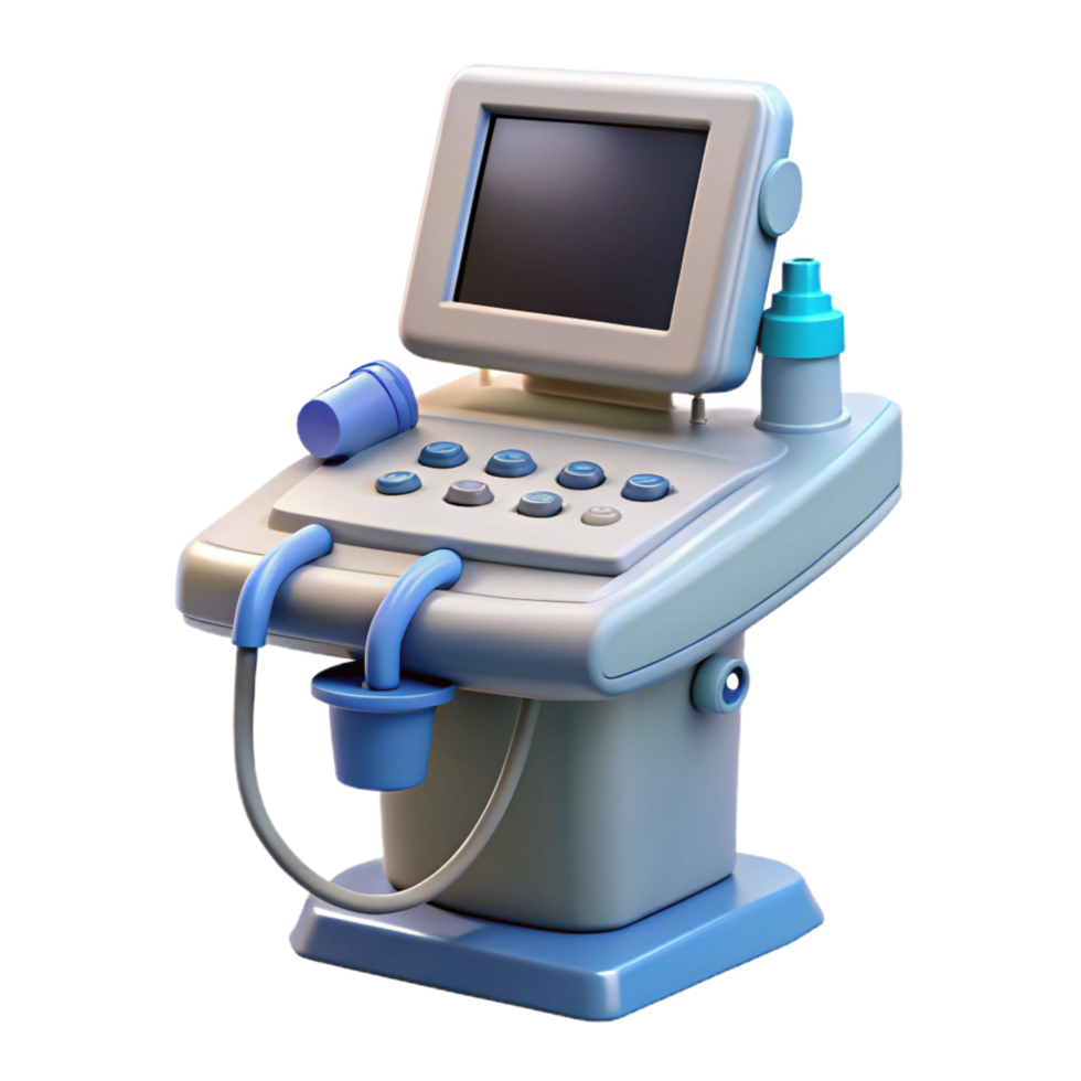 intense extraordinary Ultrasounmachine with monitor, transducer probe, control panel, studio lighting, front view, render, isolateon transparent background,high-resolution product photography artisan png