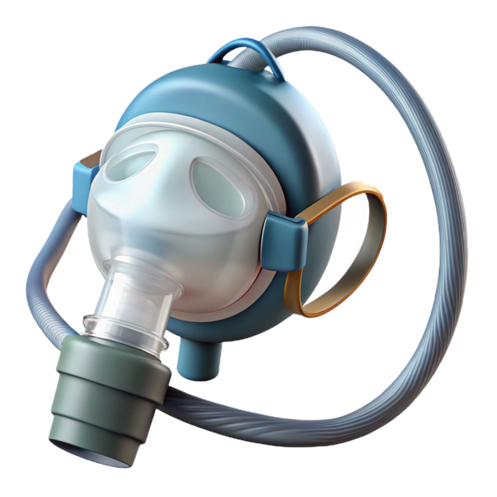 dynamic immaculate Oxygen mask with clear plastic, adjustable straps, oxygen tubing, studio lighting, front view, render, isolateon transparent background,high-resolution product photography luxury png