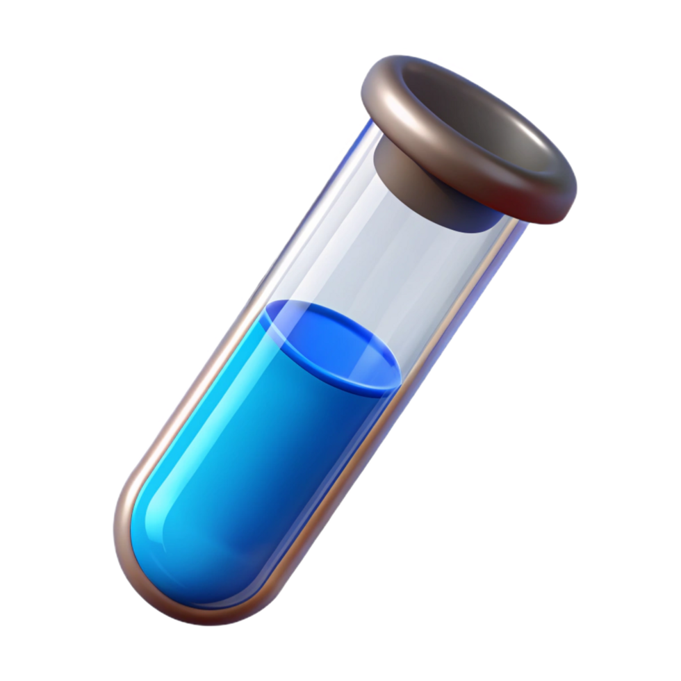 stunning distinguisheTest tube with clear glass, fillewith blue liquid, rubber stopper, studio lighting, side view, render, isolateon transparent background,high-resolution product photography png
