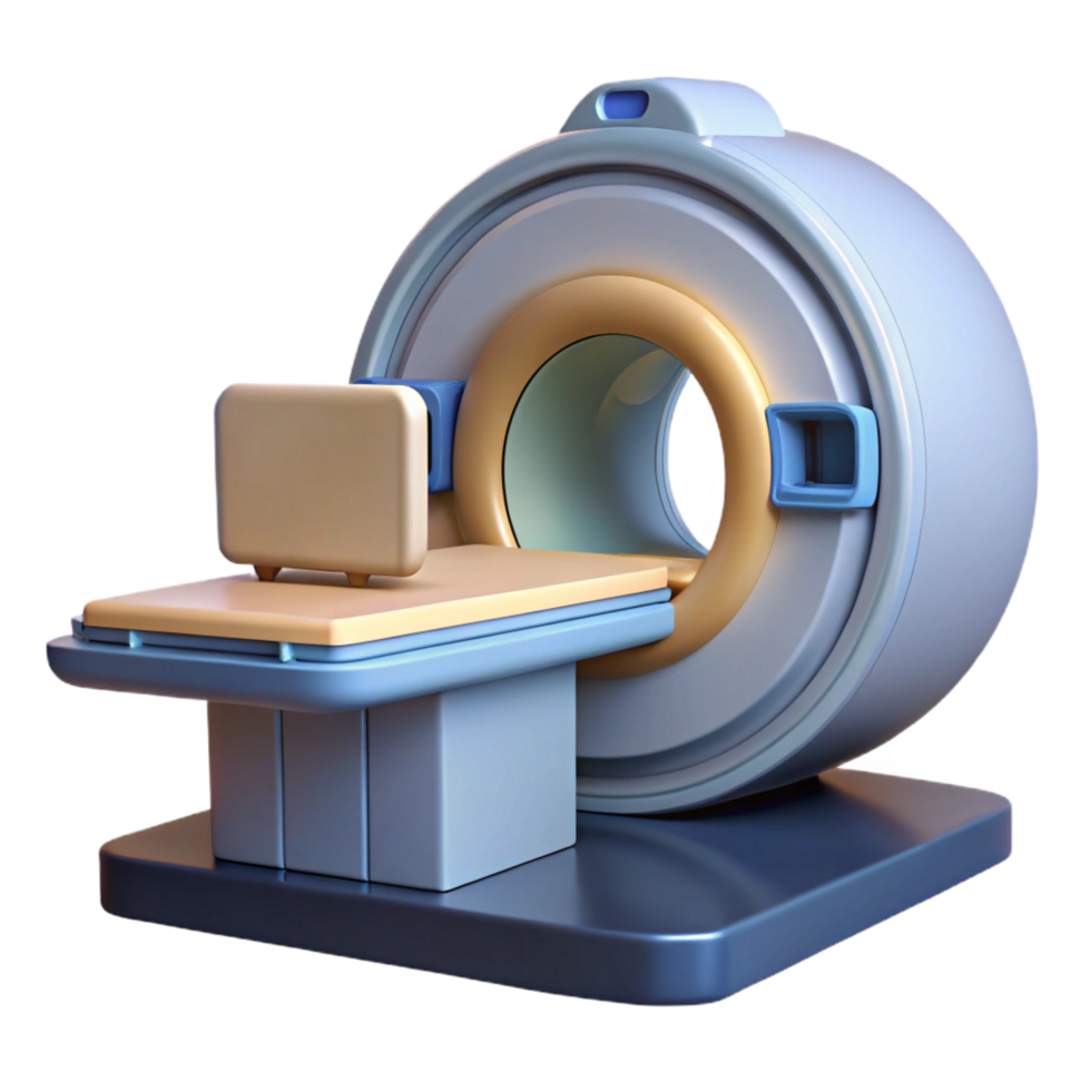 passionate majestic MRI machine with large circular opening, patient table, control panel, studio lighting, render, isolateon transparent background,high-resolution product photography ultra HD png