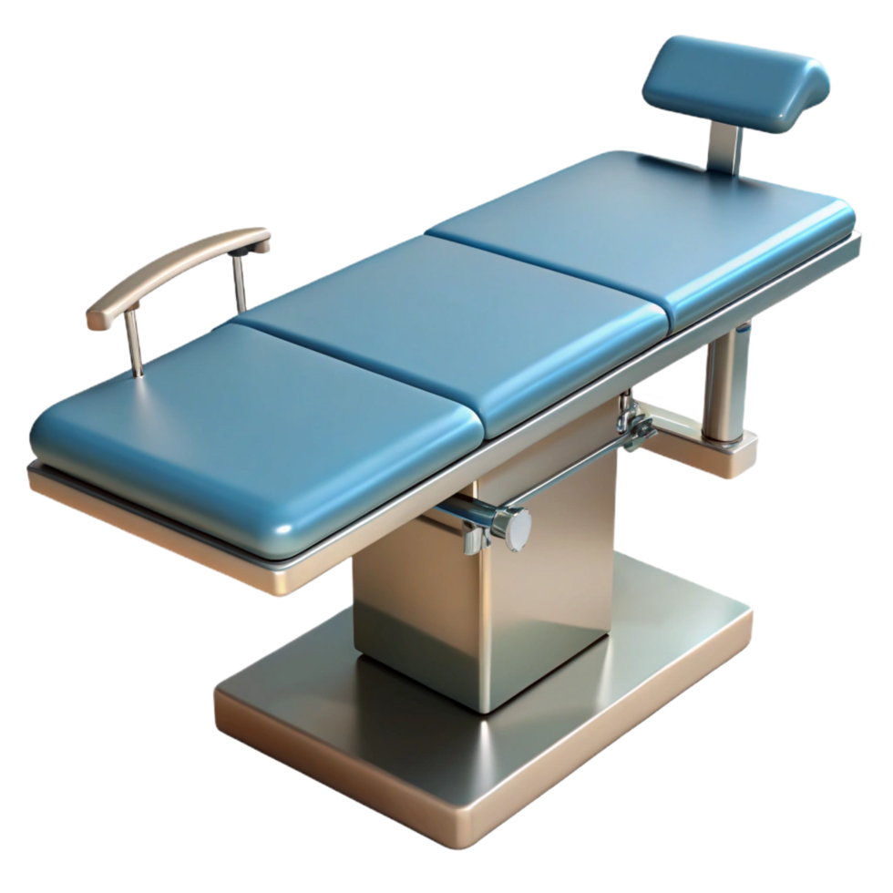 captivating classic Surgical table with adjustable height, paddesurface, stainless steel frame, studio lighting, render, isolateon transparent background,high-resolution product photography impeccable png