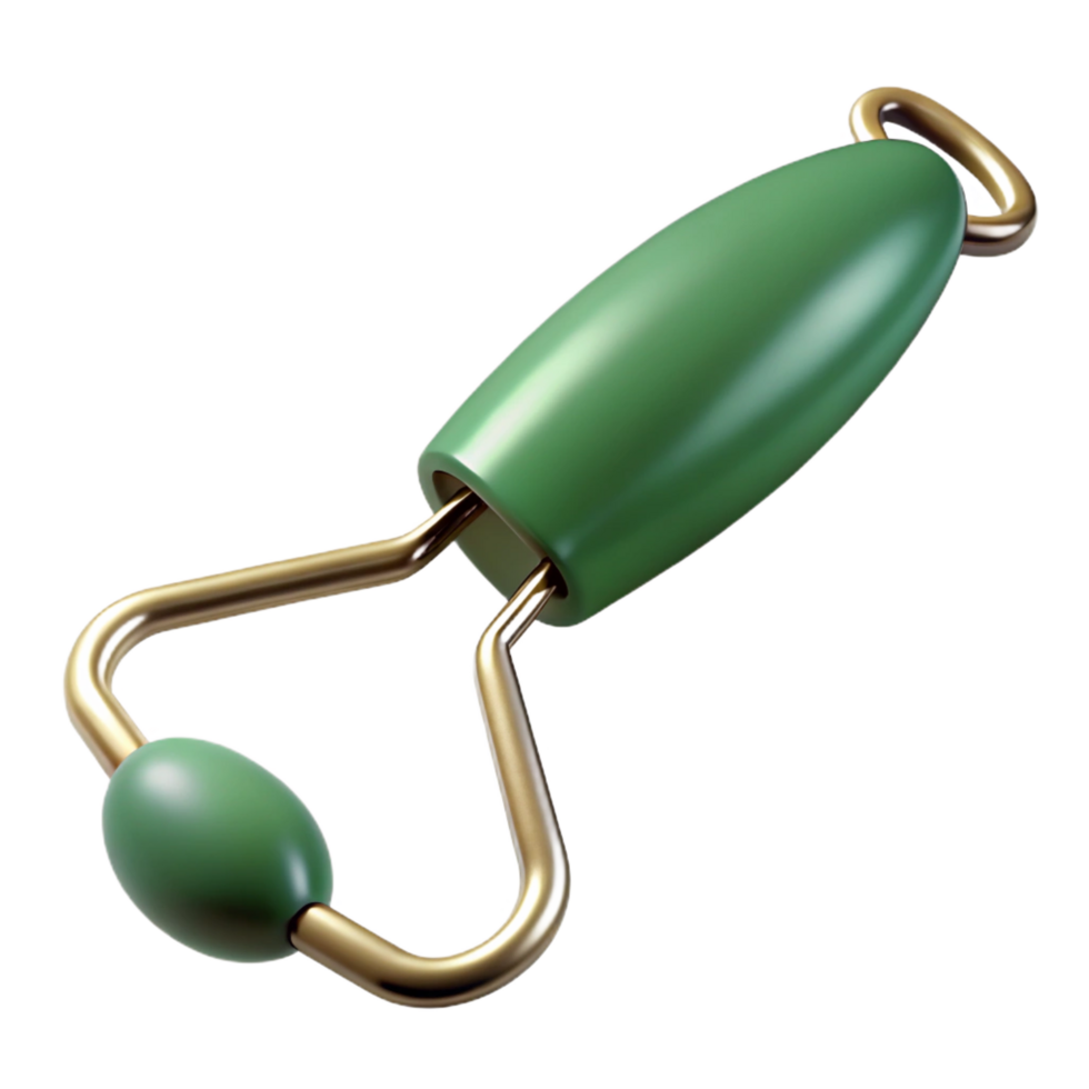 dramatic inspireA jade green face roller, smooth anpolished, showing the metallic sheen, soft lighting, front view, isolateon transparent background,high-resolution product photography png
