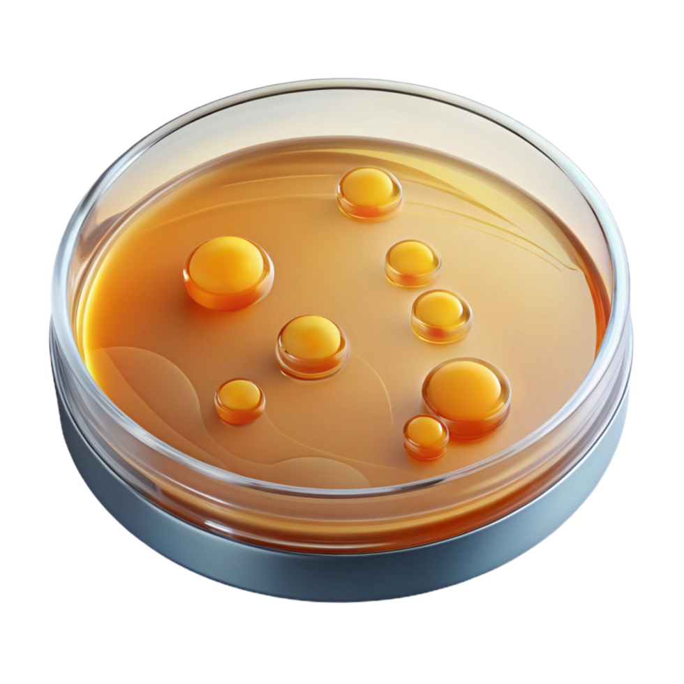 mesmerizing distinctive Petri dish with agar, bacterial colonies visible, studio lighting, top-down view, render, isolateon transparent background,high-resolution product photography png