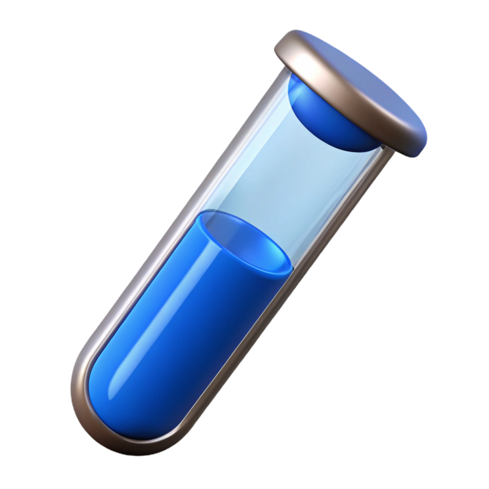 wonderful acclaimeTest tube with clear glass, fillewith blue liquid, rubber stopper, studio lighting, side view, render, isolateon transparent background,high-resolution product photography png