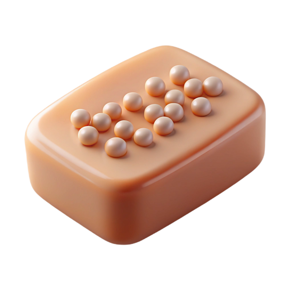whimsical vibrant A single, perfectly formesoap bar with embeddeexfoliating beads, soft lighting, top-down view, with transparent background,high-resolution product photography premium png