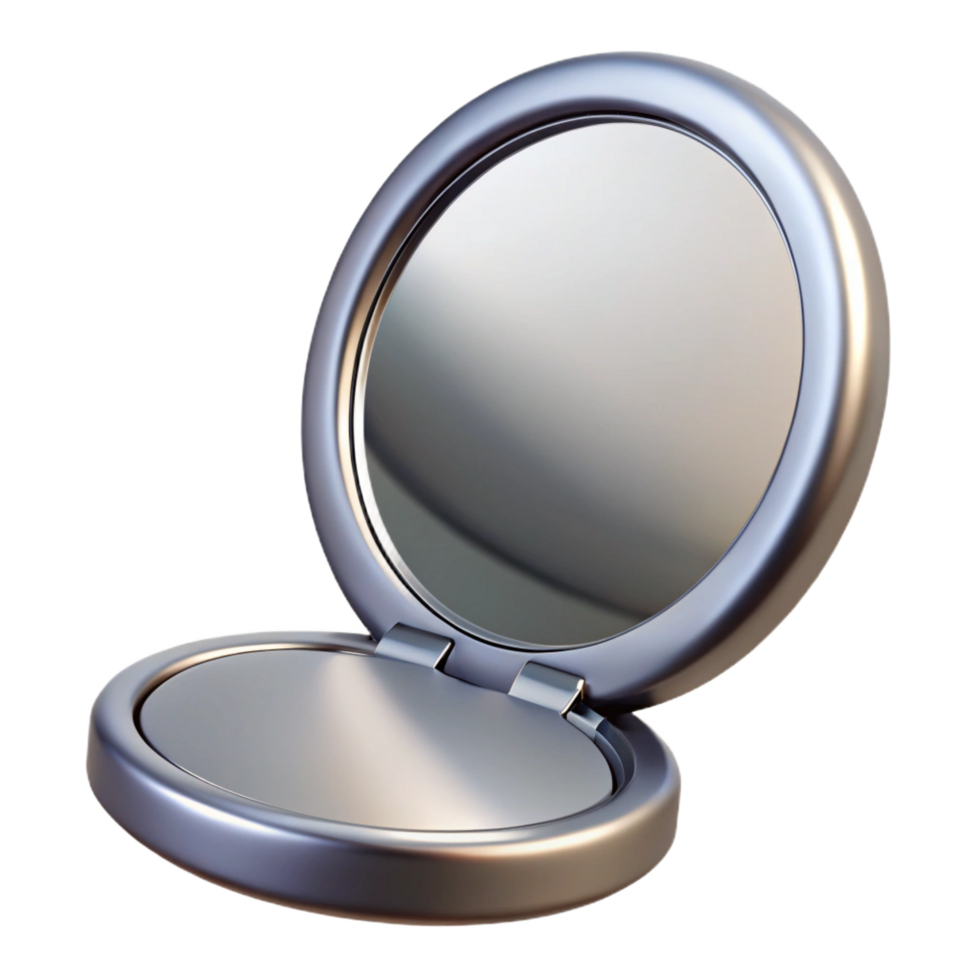 extraordinary industrial A compact mirror with a silver finish, reflecting light, studio lighting, closed, front view, isolateon transparent background,high-resolution product photography premium png