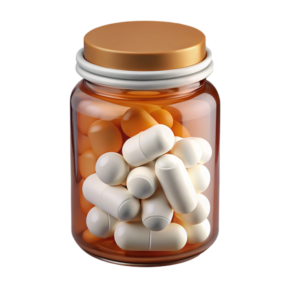 serene inspirePill bottle, amber glass, fillewith white capsules, childproof cap, soft lighting, front view, photorealistic, isolateon transparent background,high-resolution product photography png