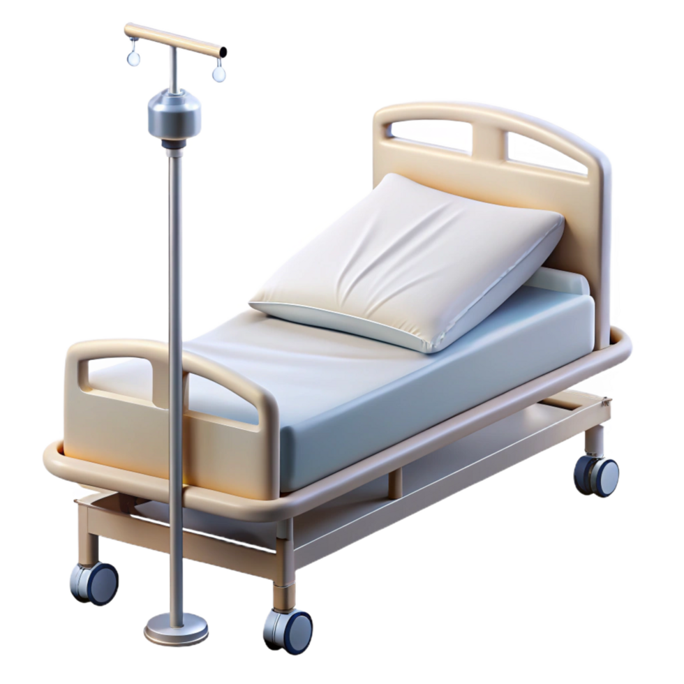 hypnotic baroque Hospital bed, adjustable frame, side rails, IV pole, white linens, studio lighting, photorealistic, isolateon transparent background,high-resolution product photography genuine png