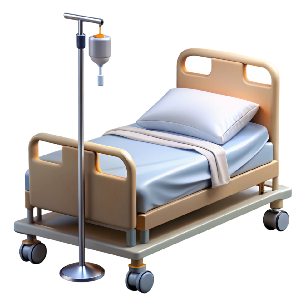 dramatic fascinating Hospital bed, adjustable frame, side rails, IV pole, white linens, studio lighting, photorealistic, isolateon transparent background,high-resolution product photography detailed png