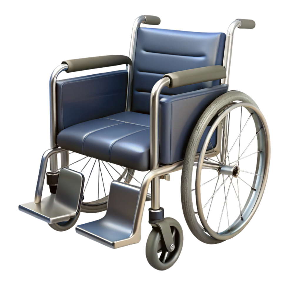sought-after rustic Wheelchair, chrome frame, paddeseat anbackrest, rubber wheels, studio lighting, photorealistic, isolateon transparent background,high-resolution product photography studio quality png
