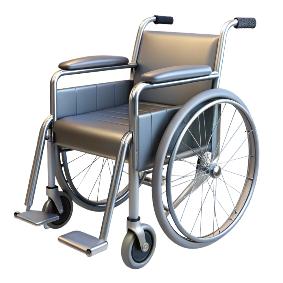 captivating peaceful modern Wheelchair, chrome frame, paddeseat anbackrest, rubber wheels, studio lighting, photorealistic, isolateon transparent background,high-resolution product photography premium png