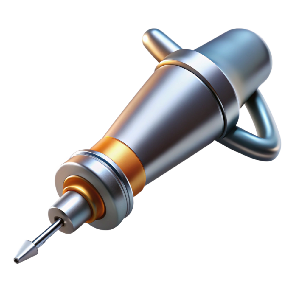 immaculate standout Dental drill, with high-speehandpiece anbur, metallic finish, studio lighting, top-down view, photorealistic, isolateon transparent background,high-resolution product photography png