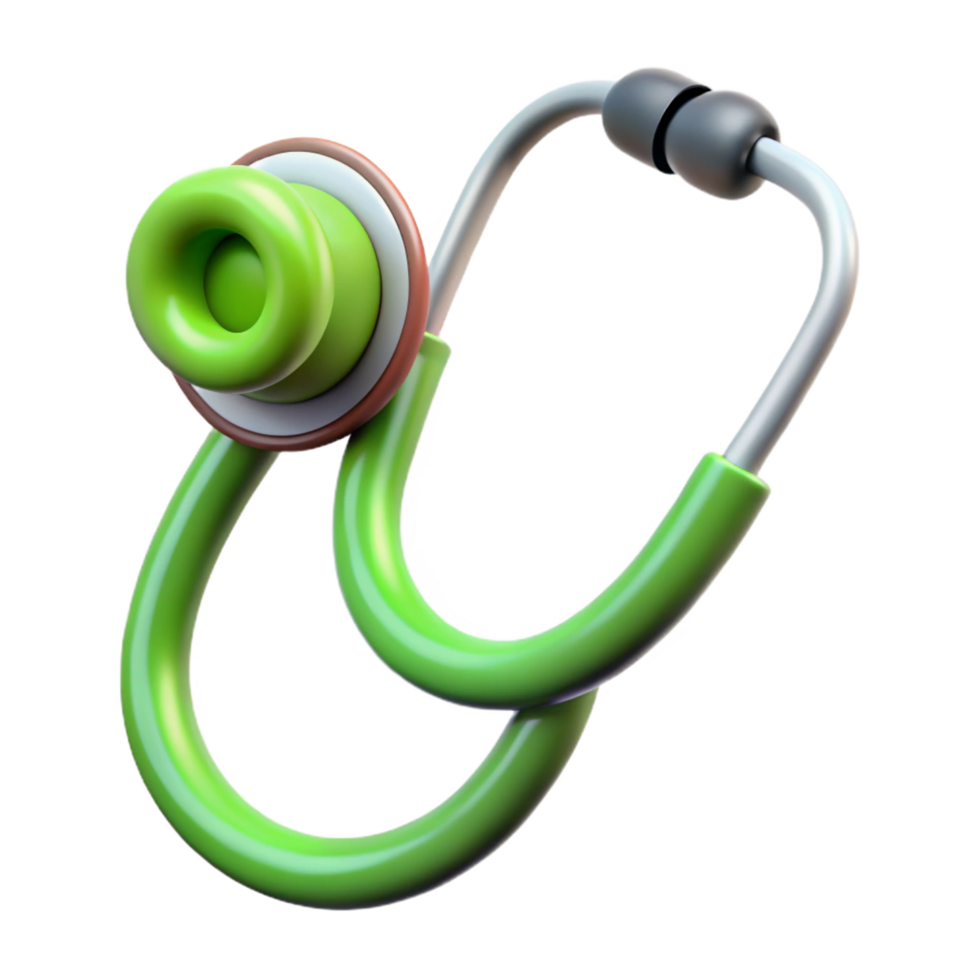 elegant iconic Stethoscope, cartoon style, bright green tubing, oversizeear tips, exaggeratedetails, front view, isolateon transparent background,high-resolution product photography png