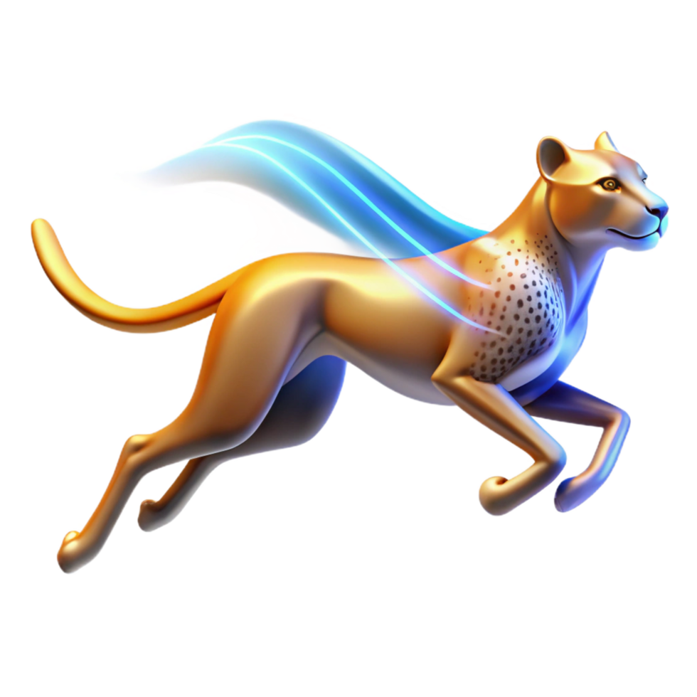 stunning notable A sporty, dynamic logo of a running cheetah with abstract lines, matte finish, bright lighting, isolateon transparent background,high-resolution product photography png