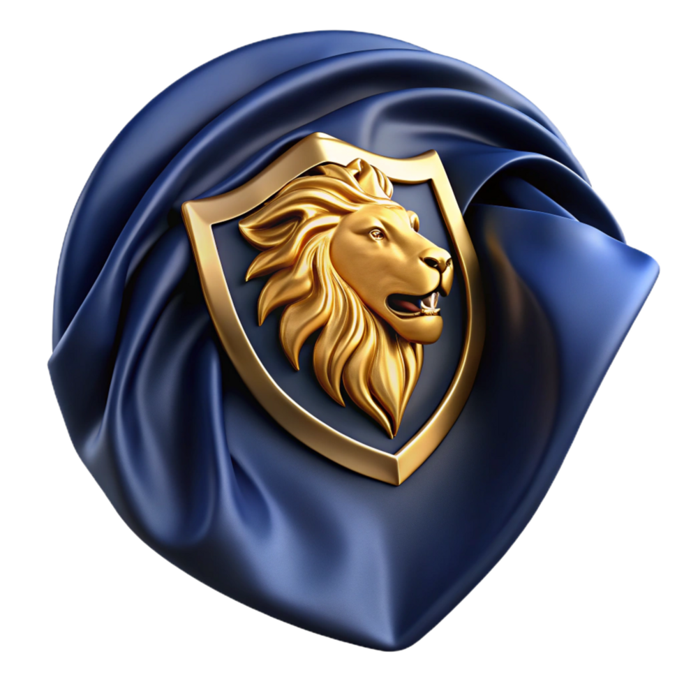 wonderful remarkable Embroideregolden lion logo on dark blue fabric, detailestitching, soft lighting, slightly angleview, isolateon transparent background,high-resolution product photography png