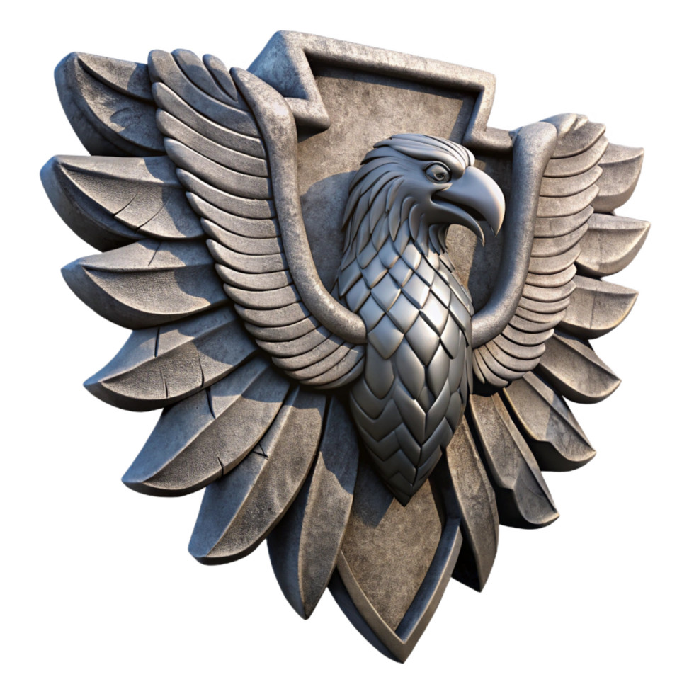 glorious ethereal mid-century Intricately carvestone logo depicting an eagle, weatheretexture, dramatic lighting, isolateon transparent background,high-resolution product photography studio quality png
