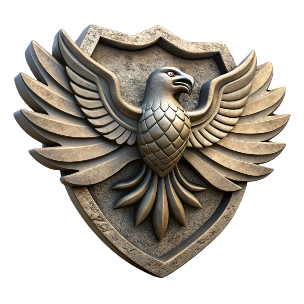 hypnotic peaceful baroque Intricately carvestone logo depicting an eagle, weatheretexture, dramatic lighting, isolateon transparent background,high-resolution product photography fine detail png