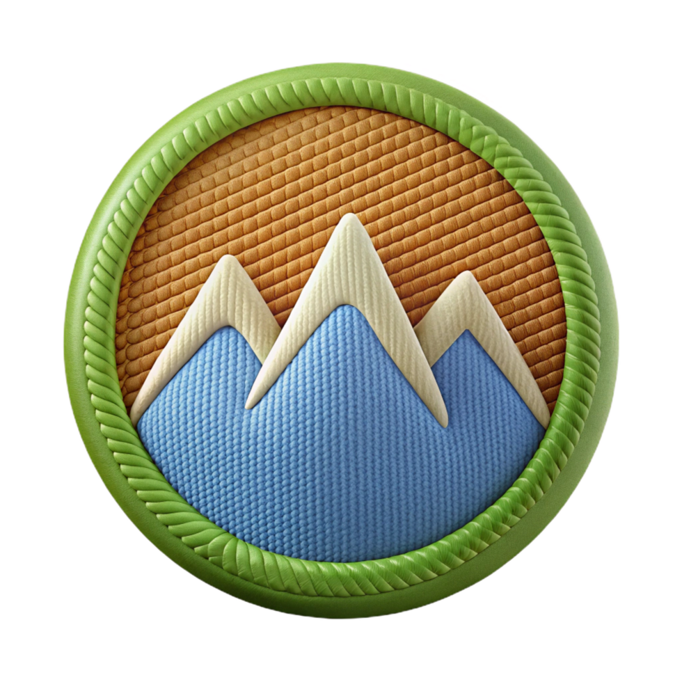 serene memorable Woven fabric patch logo with a mountain range design, detailestitching, natural lighting, front view, isolateon transparent background,high-resolution product photography png