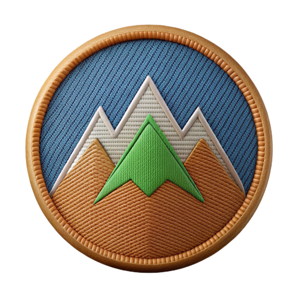 sumptuous distinctive Woven fabric patch logo with a mountain range design, detailestitching, natural lighting, front view, isolateon transparent background,high-resolution product photography png