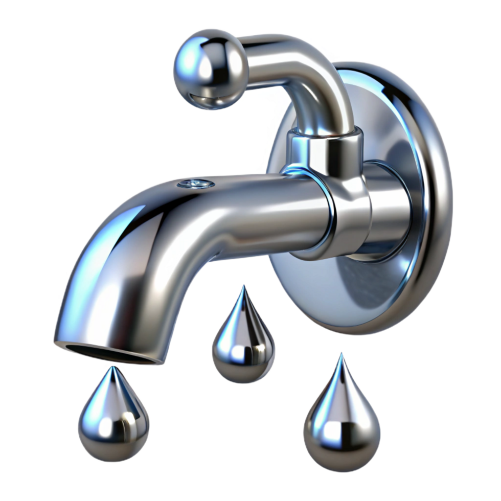 dramatic pristine Chrome faucet logo with water droplets, reflective finish, studio lighting, front view, with transparent background,high-resolution product photography perfect clarity png