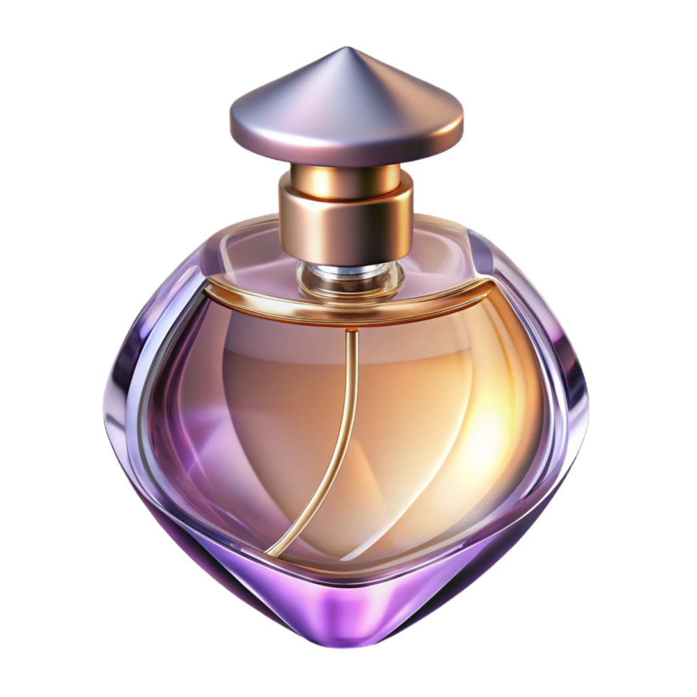 romantic breathtaking Glass bottle of perfume logo with a delicate floral scent, refractive lighting, glossy finish, front view, with transparent background,high-resolution product photography crisp png