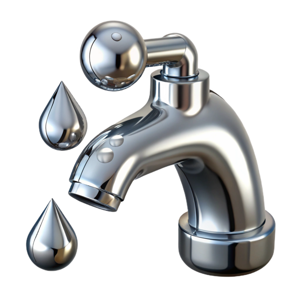 joyful picturesque Chrome faucet logo with water droplets, reflective finish, studio lighting, front view, with transparent background,high-resolution product photography genuine png
