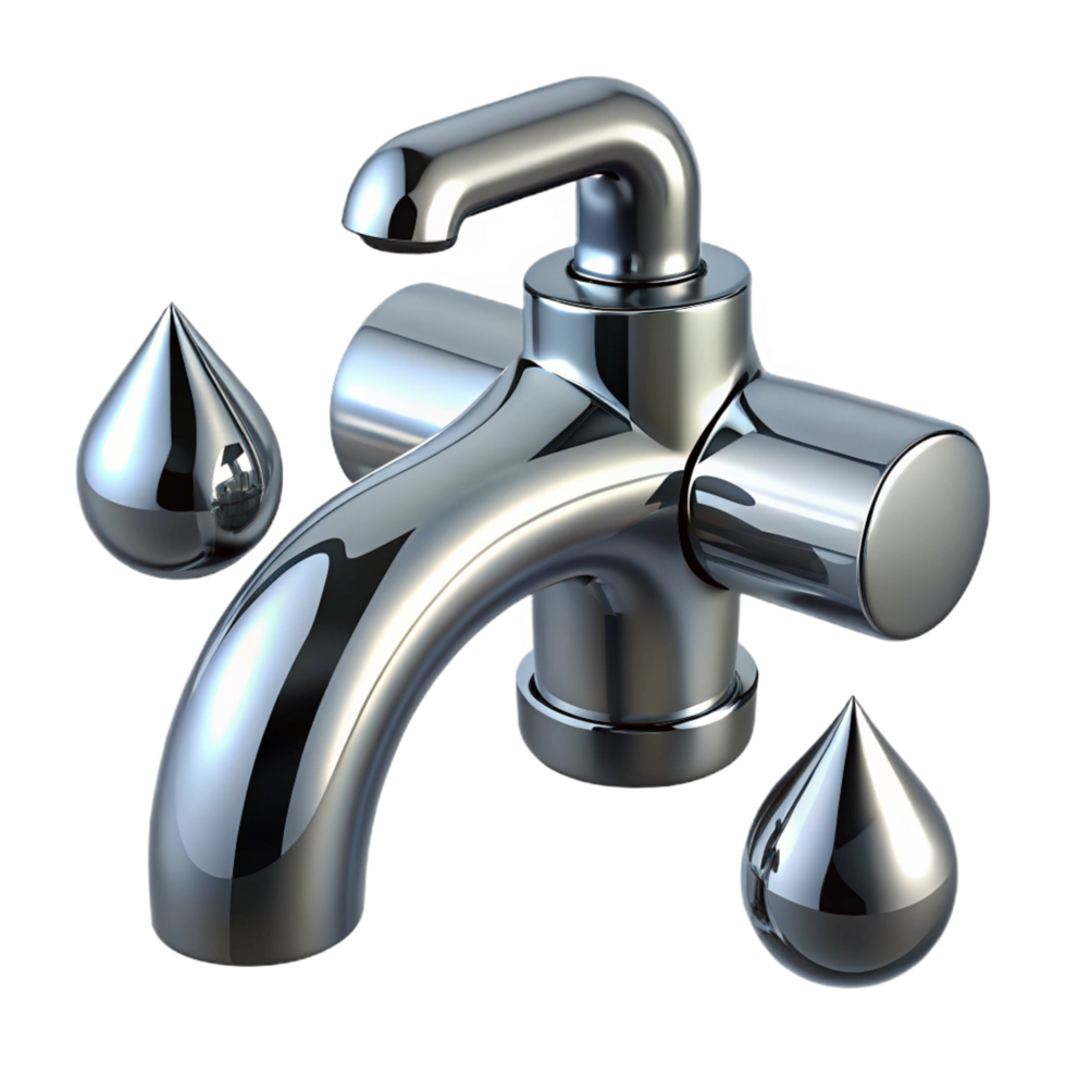 exemplary gothic Chrome faucet logo with water droplets, reflective finish, studio lighting, front view, with transparent background,high-resolution product photography high quality png